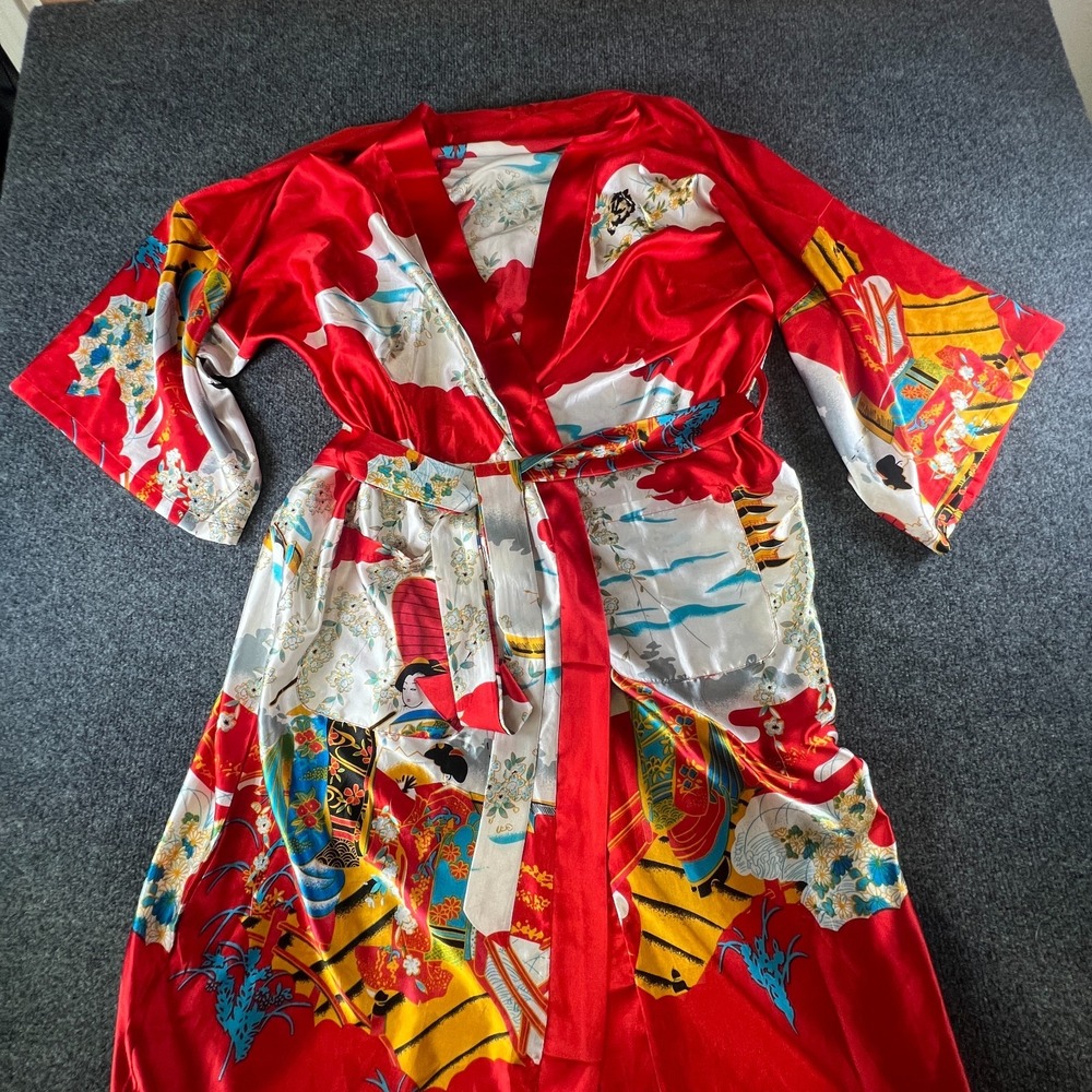 Vintage Japanese‎ Kimono Robes Womens White Red Satin Ukiyo-e Print Loungewear